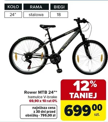 Rower MTB 24" hamulce V-brake promocja w Carrefour