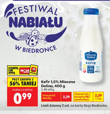 Kefir Mleczna Dolina 1,5% promocja w Biedronka