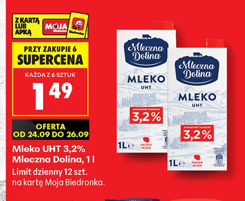 Mleko UHT Mleczna Dolina 3,2% promocja w Biedronka