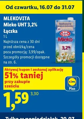 Mleko UHT 3,2% Łączka Mlekovita promocja w Lidl