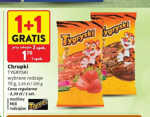 Chrupki kukurydziane Tygryski o smaku truskawkowym promocja w Intermarche
