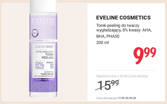 Tonik-peeling do twarzy wygładzający 8% kwasy AHA BHA PHA Eveline Cosmetics promocja w Rossmann