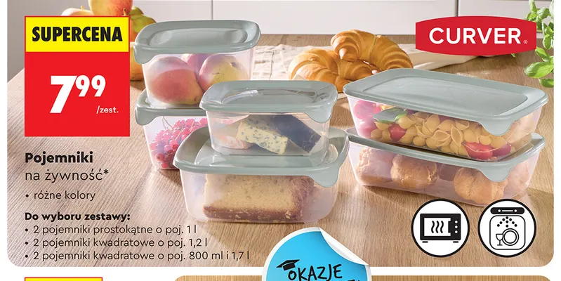Pojemniki na żywność 2 pojemniki kwadratowe o poj. 800 ml i 1,7 l Curver promocja w Biedronka