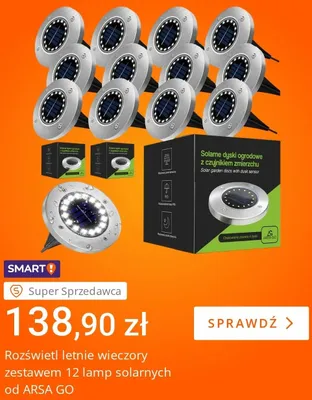 Solarne dyski ogrodowe z czujnikiem zmierzchu ARSA GO 12-pak promocja w Allegro