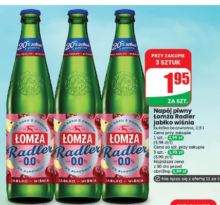 Napój piwny Łomża Radler jabłko wiśnia promocja w Dino