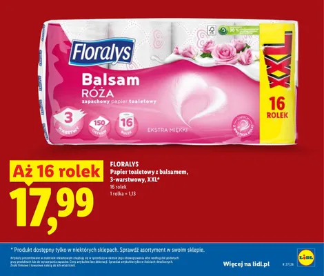 Papier toaletowy z balsamem Floralys Balsam Róża 3-warstwowy XXL 16-pak promocja w Lidl