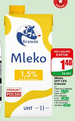 Mleko UHT 1,5% Krasula promocja w Dino
