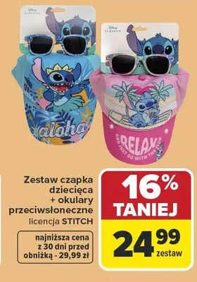 Zestaw czapka dziecięca + okulary przeciwsłoneczne licencja STITCH 16% taniej promocja w Carrefour