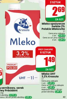 Mleko UHT 3,2% Krasula promocja w Dino
