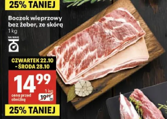 Boczek wieprzowy bez żeber ze skórą promocja w Delikatesy Centrum
