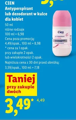 Antyperspirant lub dezodorant w kulce dla kobiet Cien promocja w Lidl
