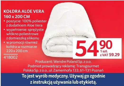 KOŁDRA ALOE VERA 160 x 200 CM promocja w Selgros