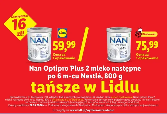 Mleko następne Nan Optipro Plus 2 po 6 m-cu promocja w Lidl