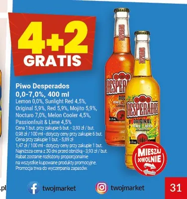 Piwo bezalkoholowe Desperados Lemon 0,0% promocja w Twój Market