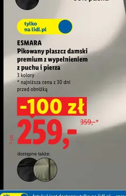 Pikowany płaszcz damski premium z wypełnieniem z puchu i pierza Esmara promocja w Lidl