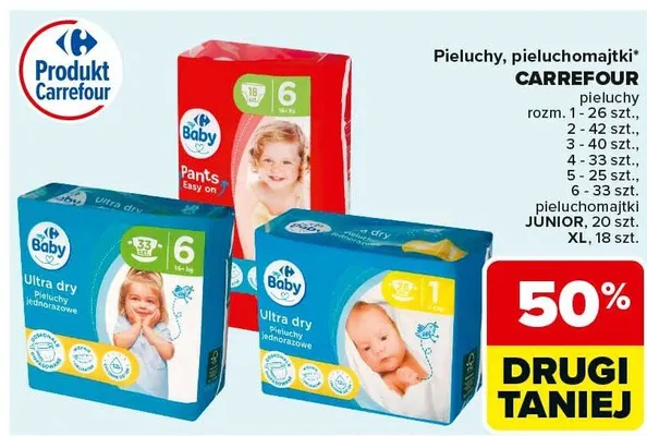 Pieluchy, pieluchomajtki Carrefour różne rodzaje promocja w Carrefour