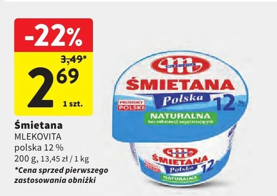 Śmietana polska Mlekovita 12% promocja w Intermarche