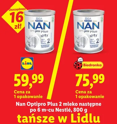 Mleko następne po 6m-cu Nan Optipro Plus 2 Nestlé promocja w Lidl
