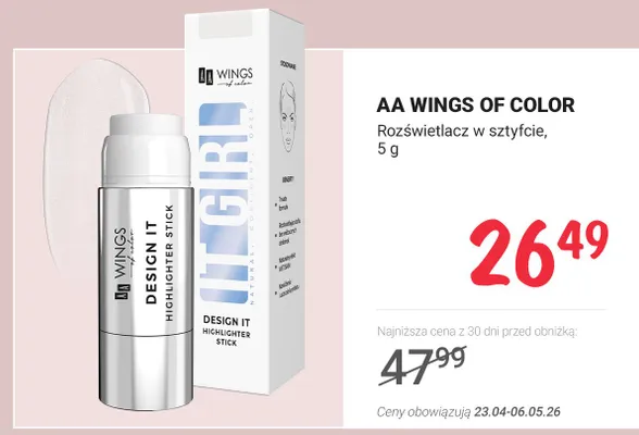 Rozświetlacz w sztyfcie AA Wings of Color Design It Highlighter Stick promocja w Rossmann