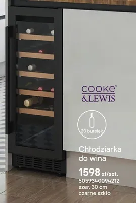 Chłodziarka do wina COOKE & LEWIS 20 butelek szer. 30cm czarne szkło promocja w Castorama