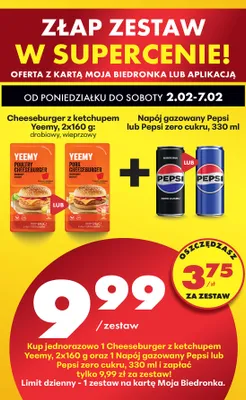 Zestaw: Cheeseburger z ketchupem Yeemy 2x160g (drobiowy lub wieprzowy) + Napój gazowany Pepsi lub Pepsi zero cukru 330ml promocja w Biedronka