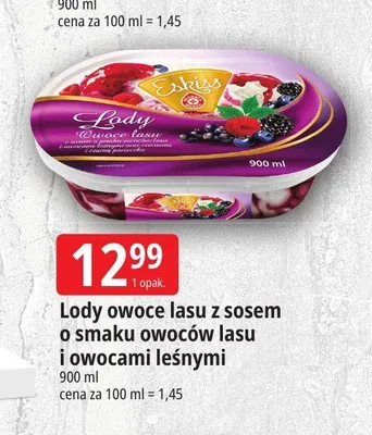 Lody owoce lasu z sosem o smaku owoców lasu i owocami leśnymi Eskiss promocja w Leclerc
