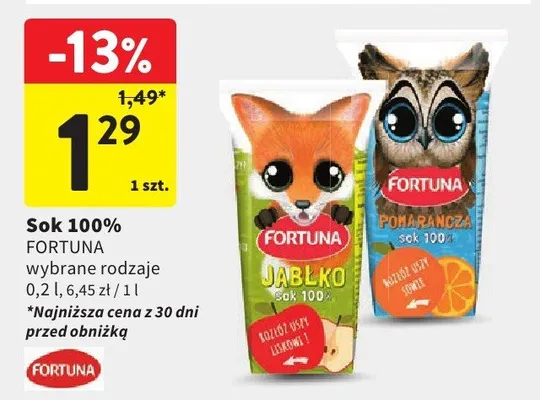 Sok 100% Fortuna pomarańczowy promocja w Intermarche
