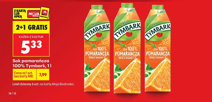 Sok pomarańcza 100% 2+1 GRATIS promocja w Biedronka