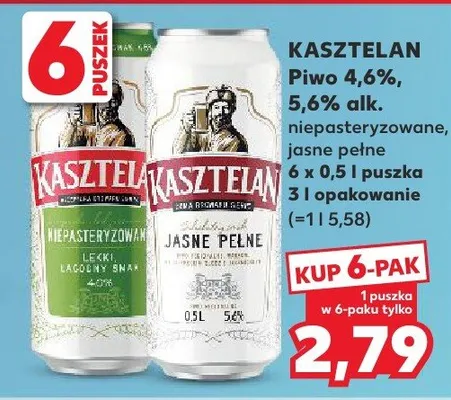 Piwo Kasztelan niepasteryzowane jasne pełne 5,6% promocja w Kaufland