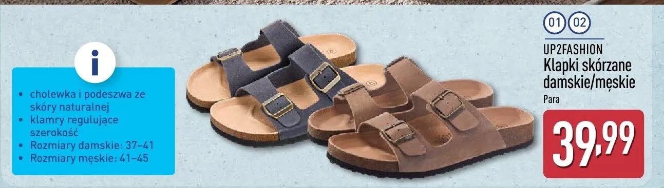 Klapki skórzane damskie UP2FASHION promocja w Aldi