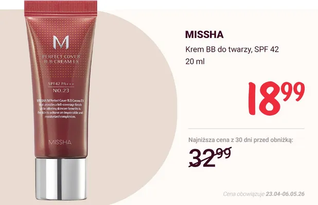 Krem BB do twarzy Missha Perfect Cover SPF42 NO.23 promocja w Rossmann