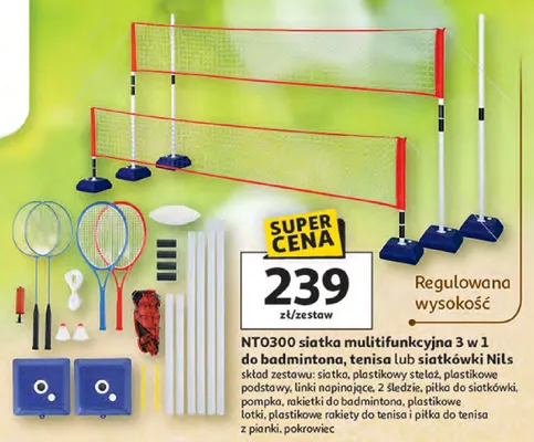 Siatka multifunkcyjna 3 w 1 do badmintona, tenisa lub siatkówki Nils promocja w Auchan