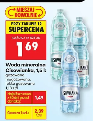 Woda mineralna Cisowianka 1,5l lekko gazowana promocja w Biedronka