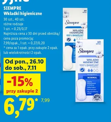 Wkładki higieniczne Siempre 100% bawełny Normal 40-pak promocja w Lidl