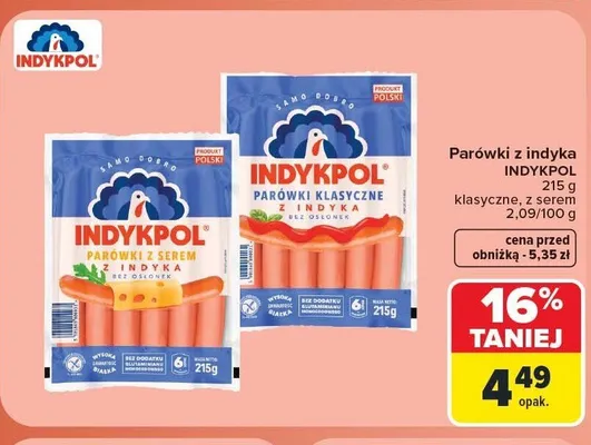 Parówki z indyka klasyczne Indykpol promocja w Carrefour Market