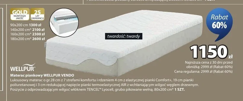 Materac piankowy Wellpur Vendo 80x200 cm promocja w Jysk