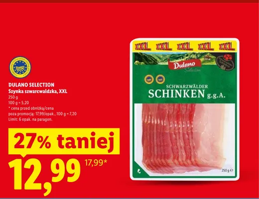 Szynka szwarcwaldzka Dulano Selection XXL promocja w Lidl
