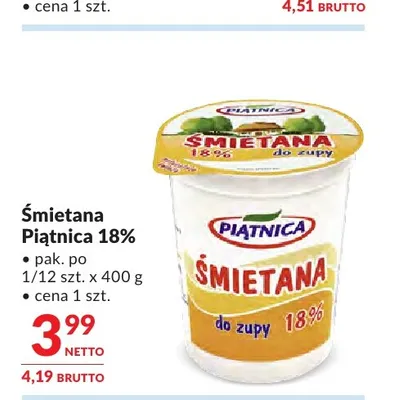 Śmietana Piątnica 18% promocja w Makro