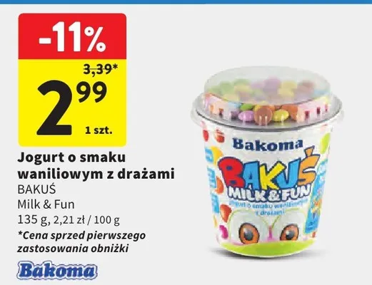 Jogurt o smaku waniliowym z drażami Bakoma Milk & Fun promocja w Intermarche