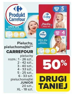 Pieluchy, pieluchomajki pieluchy rozm.1 - 26 szt., 2 - 42 szt., 3 - 40 szt., 4 - 33 szt., 5 - 25 szt., 6 - 33 szt. pieluchomajki rozm.L - 20 szt., XL - 18 szt. promocja w Carrefour Market