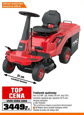 Traktorek spalinowy NAC moc 6,12 KM poj. silnika 224 cm3 kosz 150l centralna regulacja wys. koszenia 30-75mm skrzynia manualna promocja w OBI