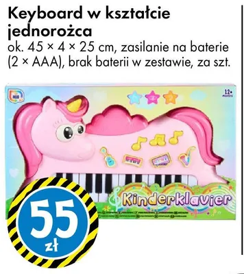 Keyboard w kształcie jednorożca ok. 45 x 4 x 25 cm, zasilanie na baterie (2 x AAA), brak baterii w zestawie promocja w Tedi