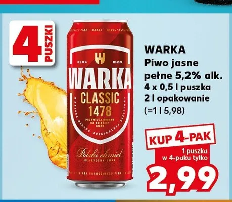 Piwo Warka Jasne Pełne 4-pak promocja w Kaufland