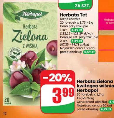 Herbata zielona kwitnąca wiśnia Herbapol promocja w Dino