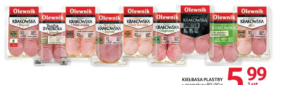 Kiełbasa sucha krakowska Protein bez dodatku soli w plastrach Olewnik promocja w Selgros