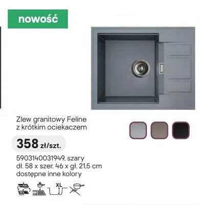 Zlew granitowy Feline z krótkim ociekaczem szary 58x46x21,5cm promocja w Castorama