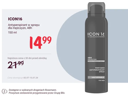 Antyperspirant w sprayu dla mężczyzn Icon16 Unstoppable promocja w Rossmann