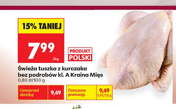 Świeża tuszka z kurczaka bez podrobów kl. A Kraina Mięs promocja w Biedronka
