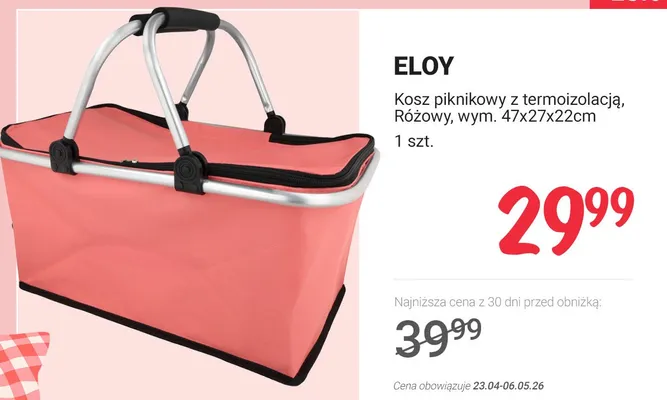 Kosz piknikowy z termoizolacją Eloy różowy 47x27x22cm promocja w Rossmann