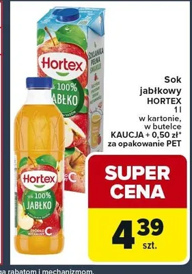 Sok jabłkowy w kartonie, w butelce KAUCJA + 0,50 zł za opakowanie PET promocja w Globi